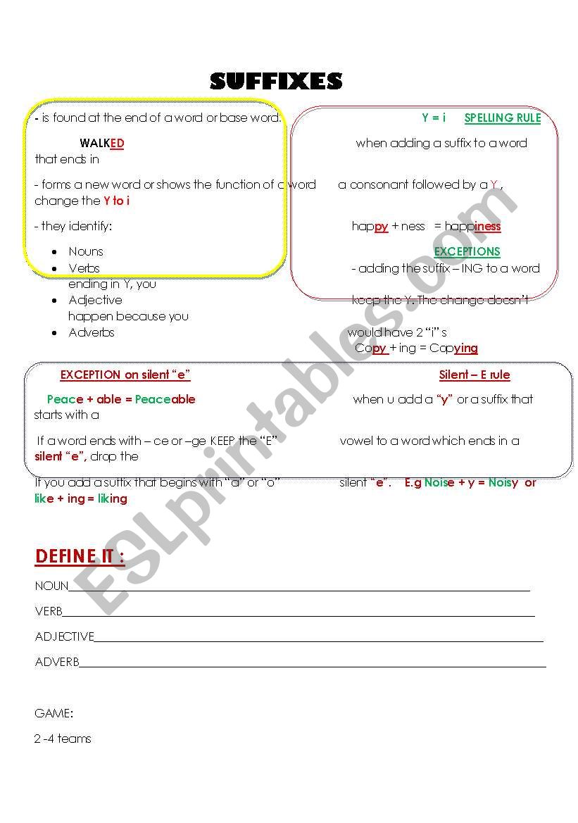 SUFFIXES INTRO AND GAME  worksheet