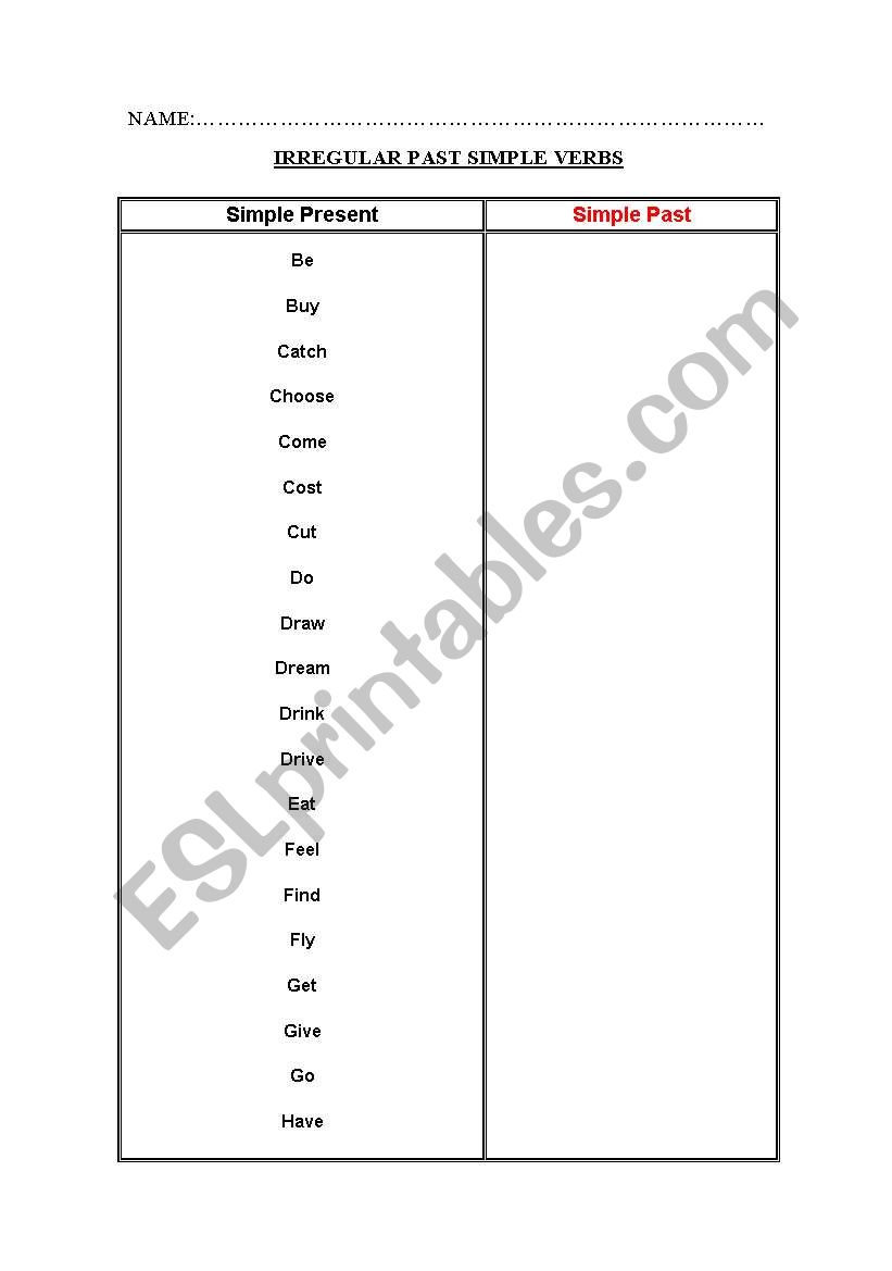 irregular verbs  worksheet