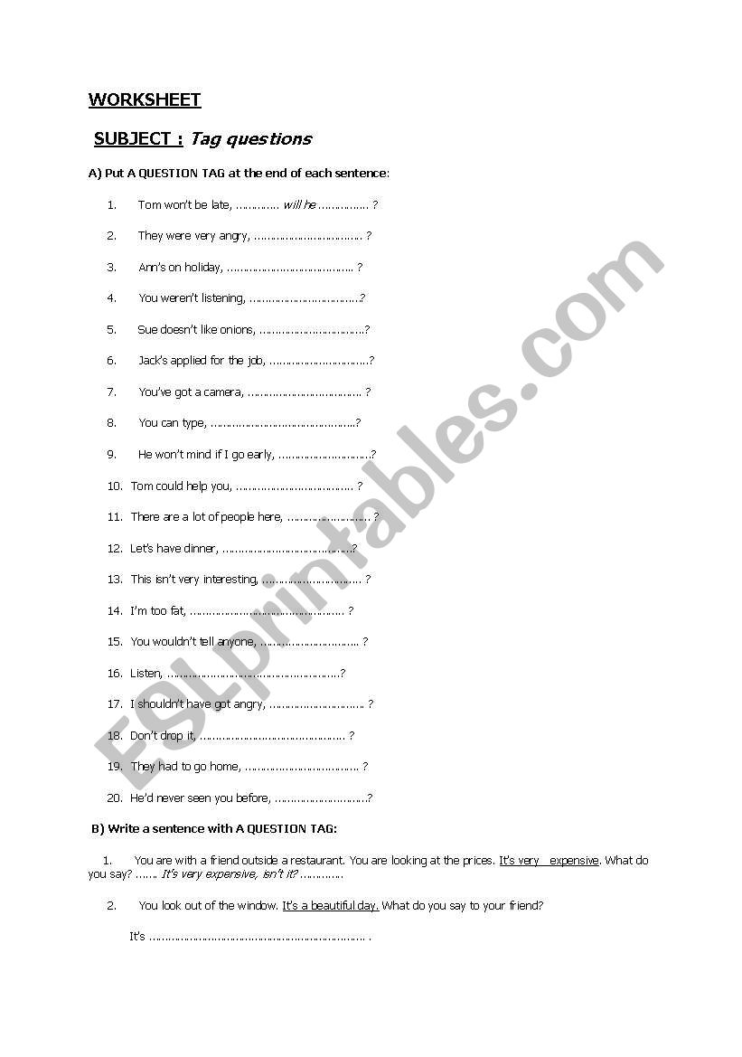 tag questions worksheet