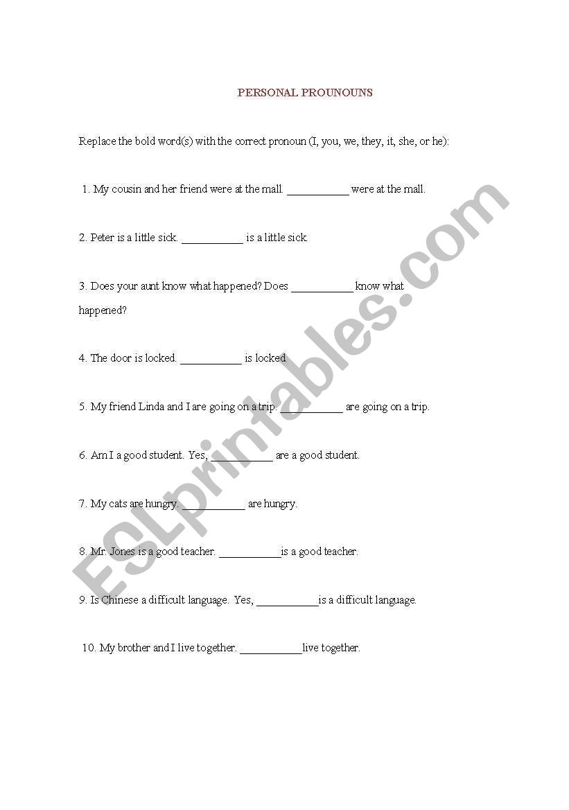 personal pronouns-exercise worksheet