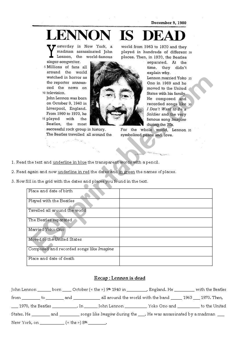 Lennon is dead worksheet