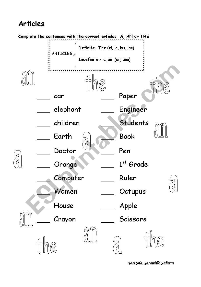 ARTICLES worksheet