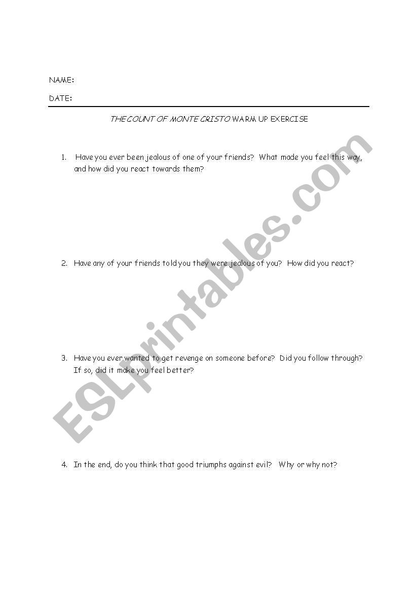 Monte Cristo Warm Up Writing Activity