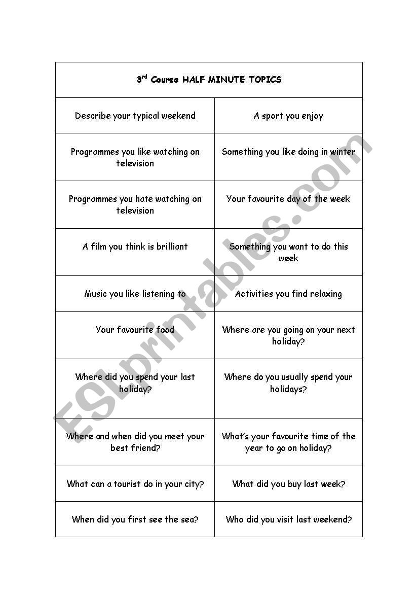 30 seconds topics worksheet