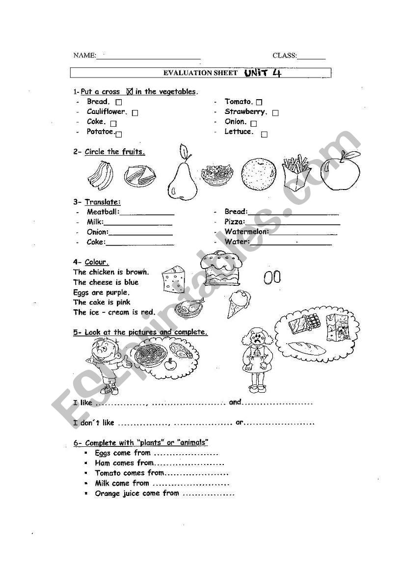 food worksheet