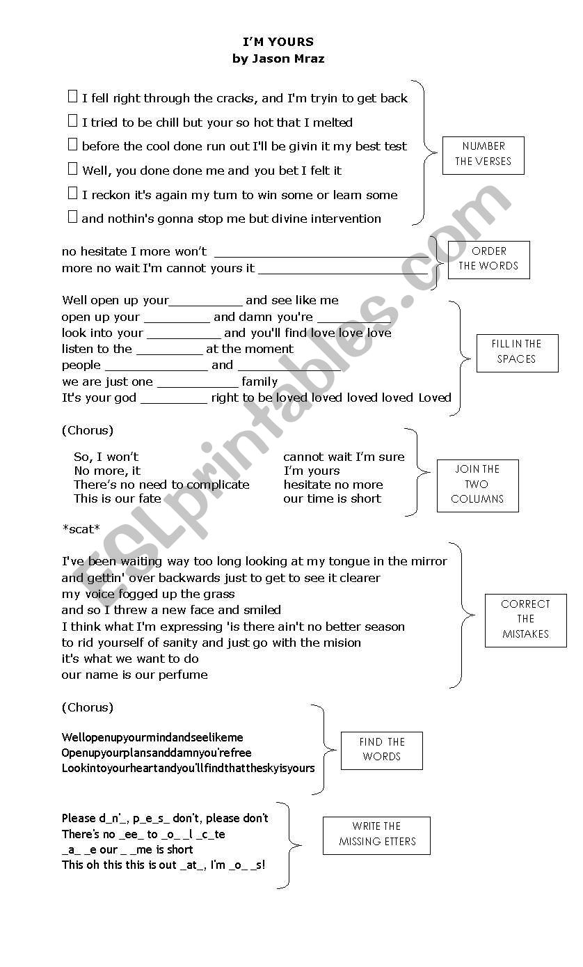I´m Yours - ESL worksheet by milenagf