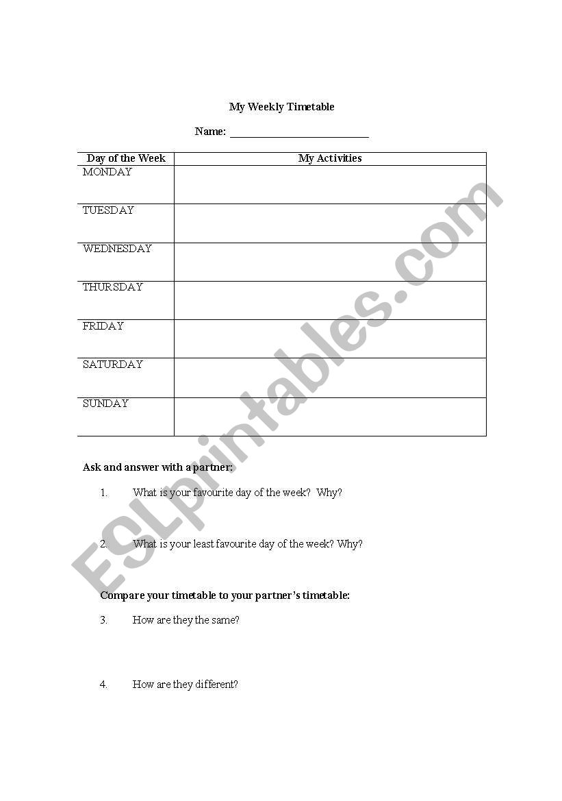 My Weekly Timetable worksheet