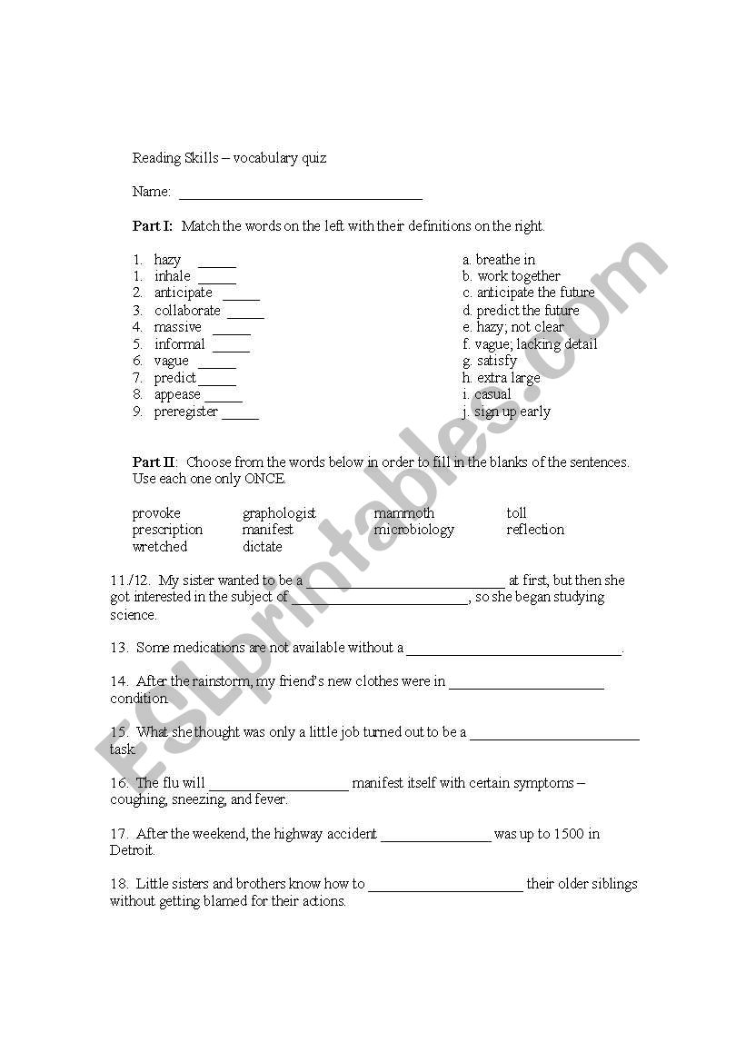 vocabulary quiz worksheet