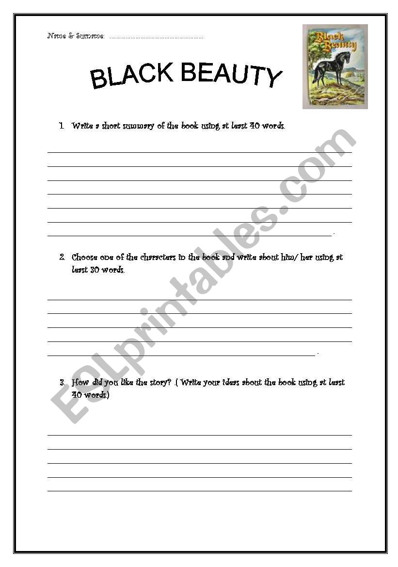 Black Beauty book review worksheet