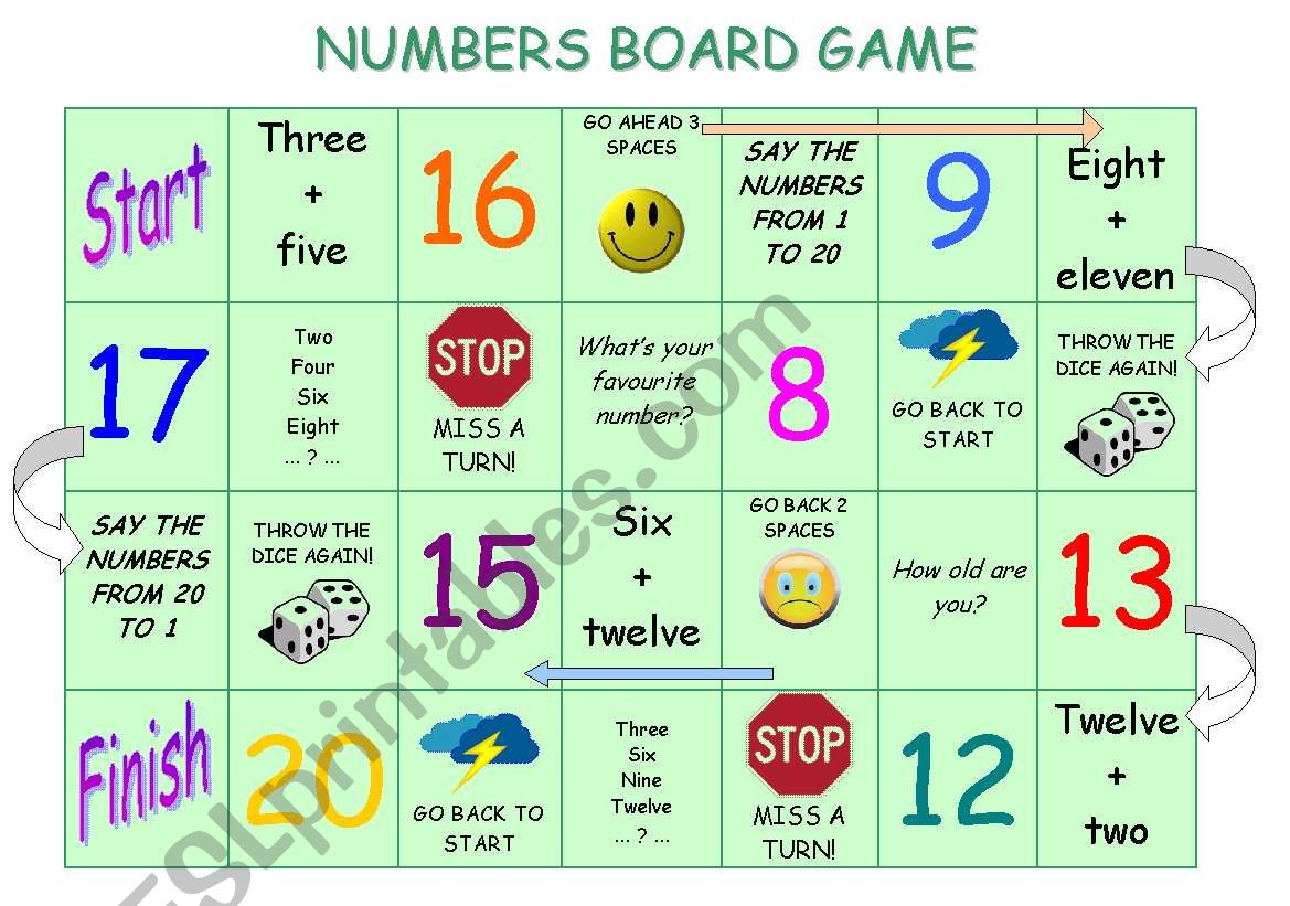 Numbers board game worksheet