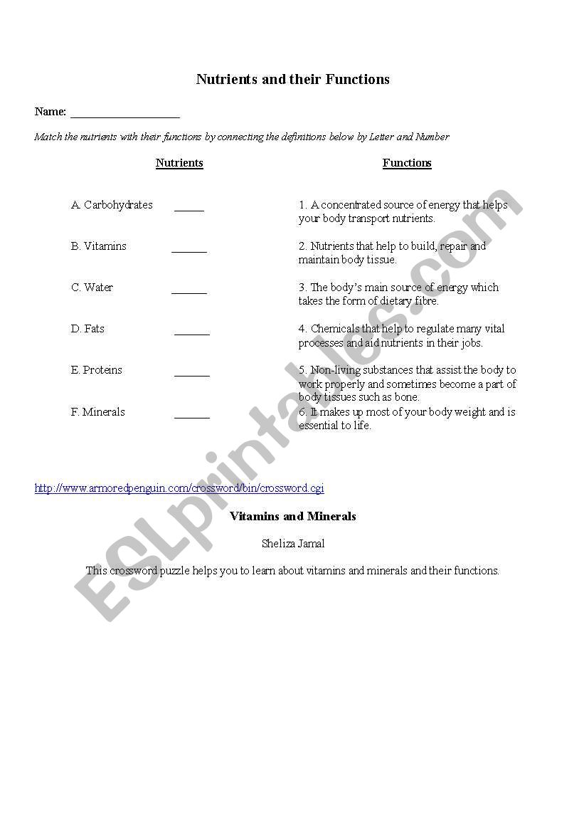 Nutrients Matching Game worksheet
