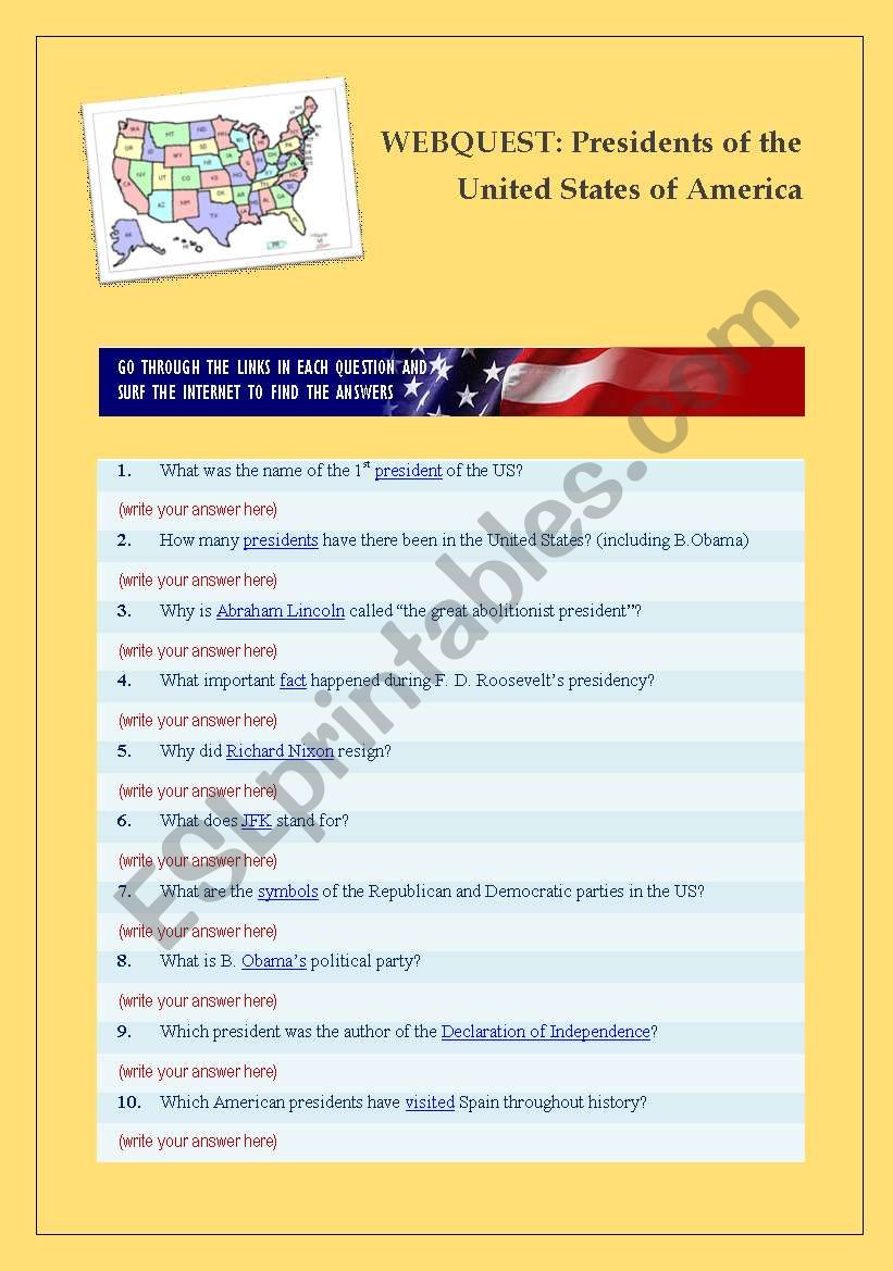 Presidents of the U.S.A worksheet