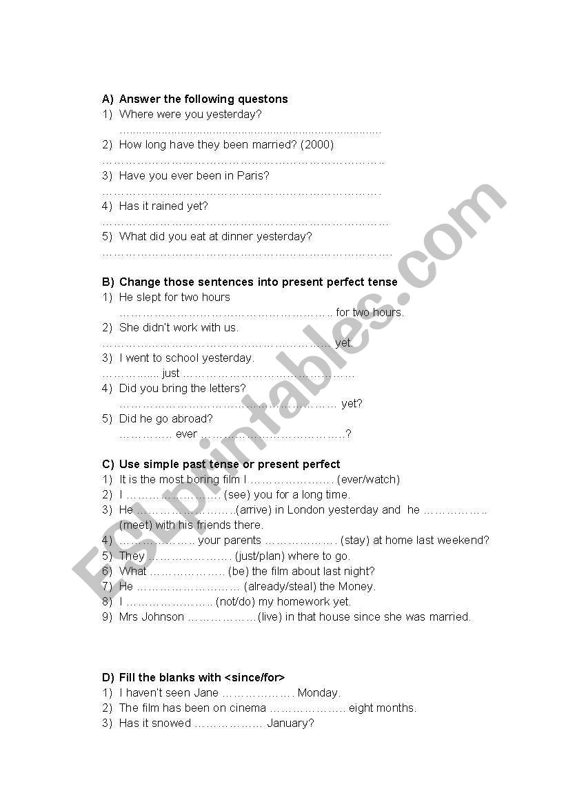 PRESENT PERFECT TENSE worksheet