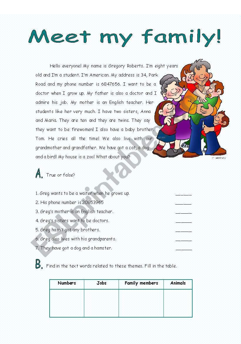 Reading - meet my family worksheet