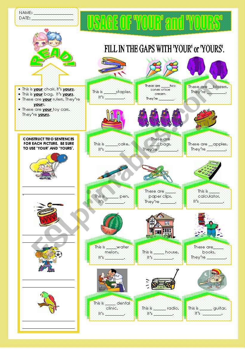 USAGE OF  YOUR AND YOURS worksheet