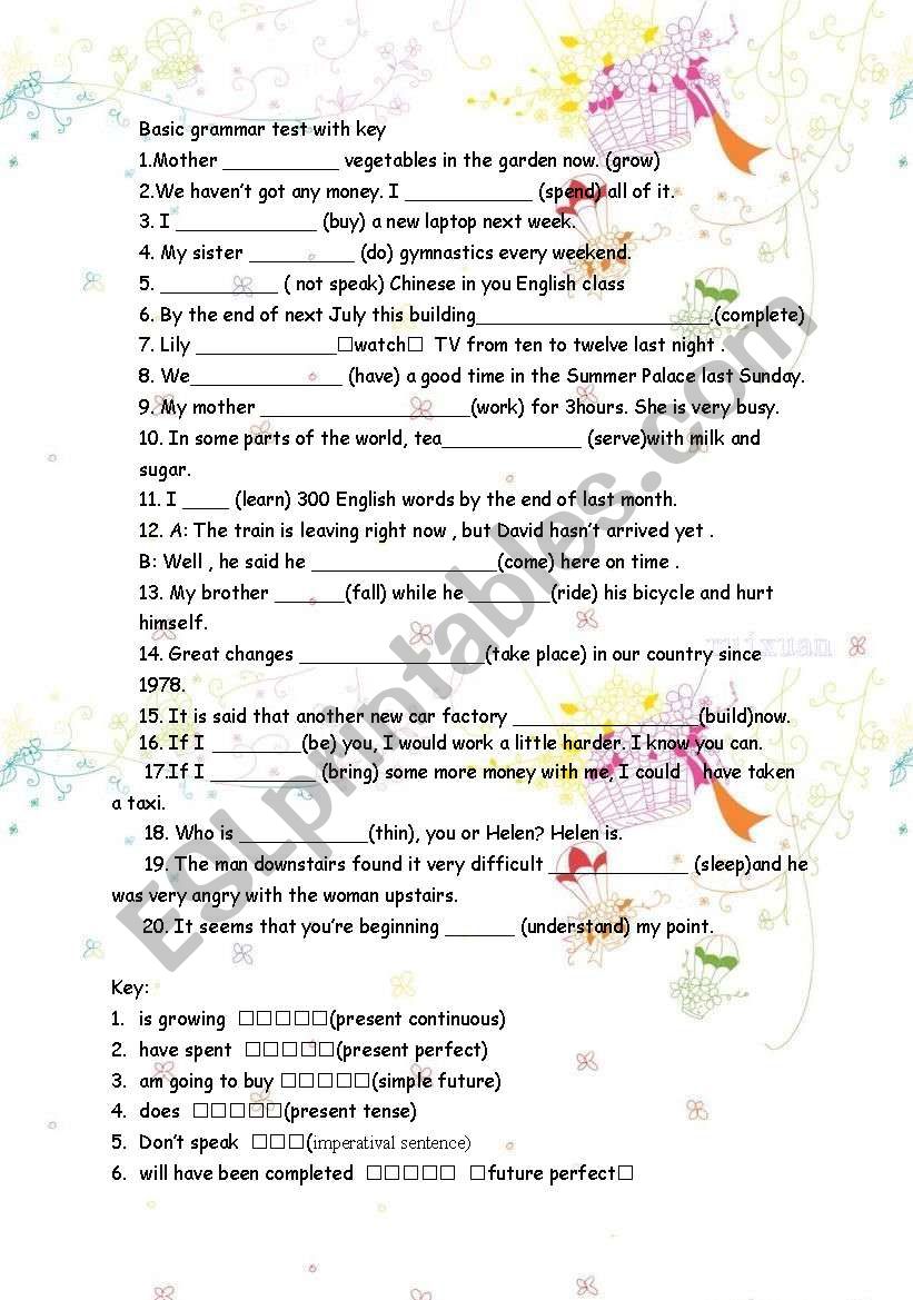 basic grammar test with key worksheet