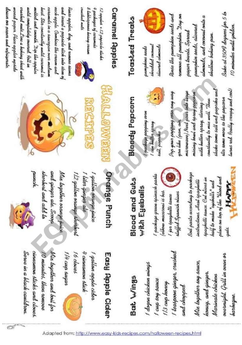 HALLOWEEN RECIPES, minibook worksheet