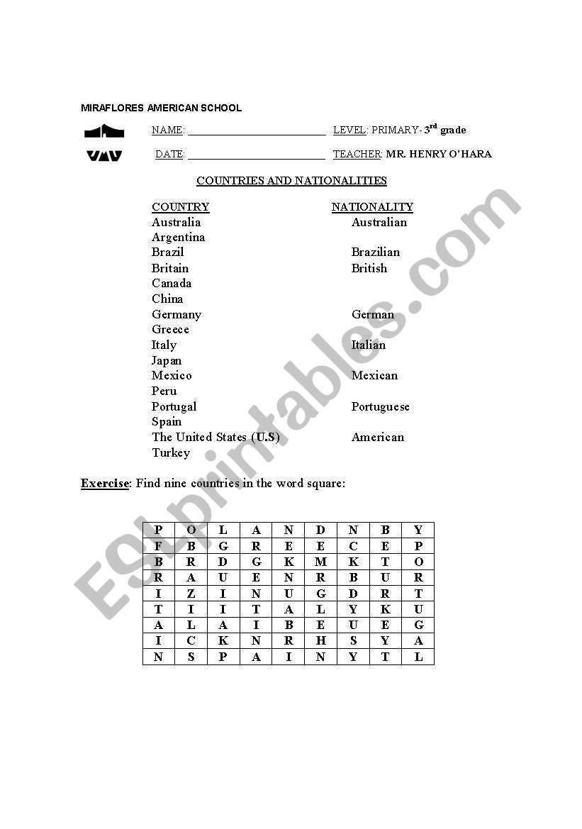 countries and nationalities worksheet
