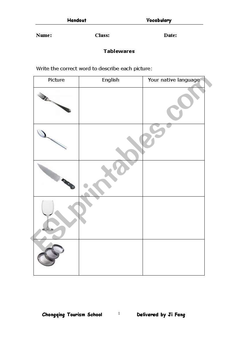 tablewares worksheet