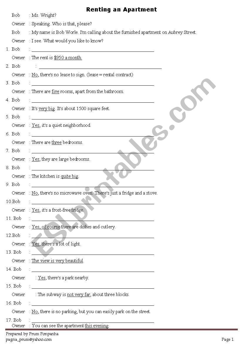 Renting an apartment worksheet