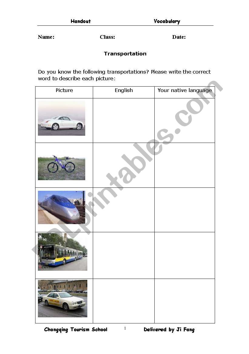 transportation worksheet