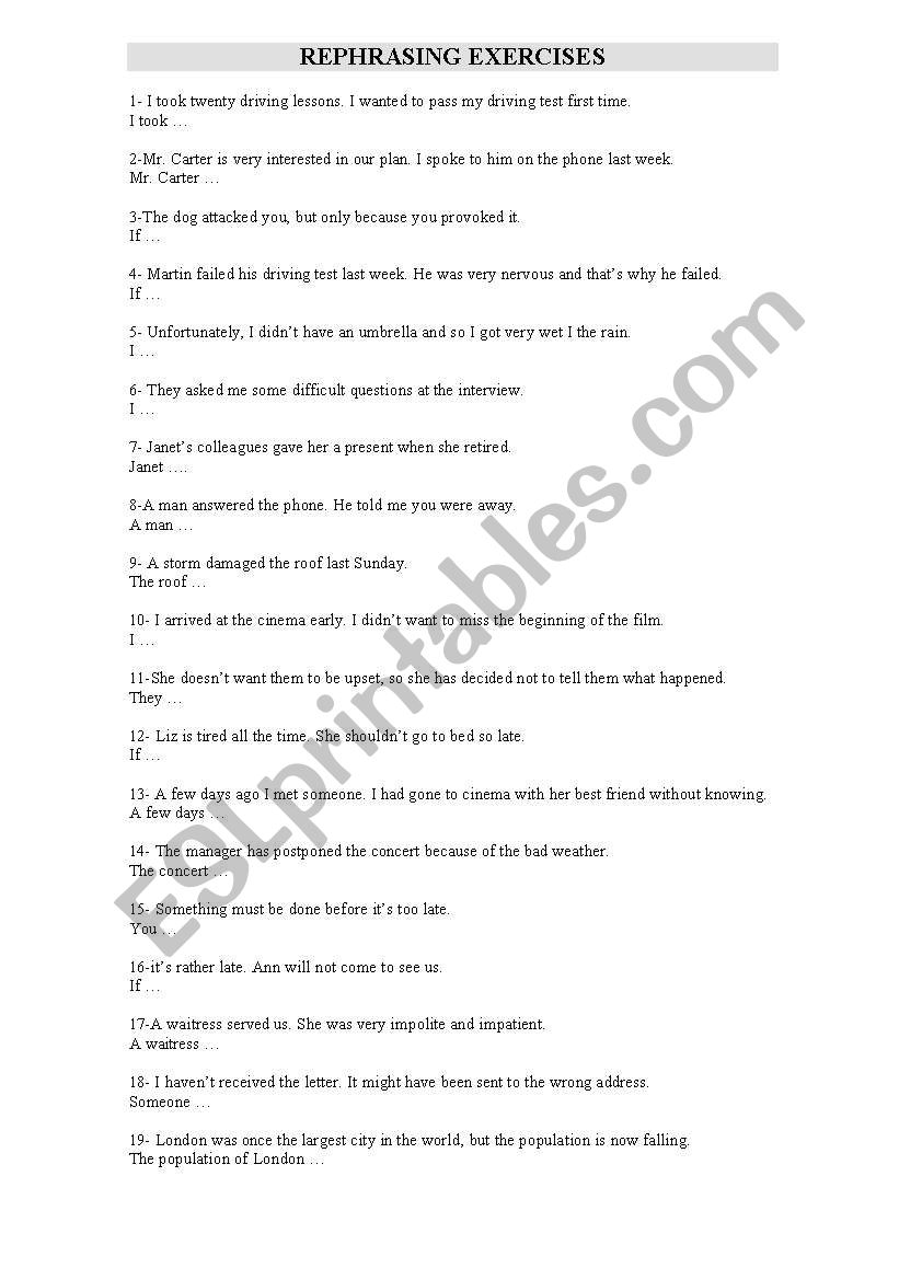 Rephrasing Exercises worksheet