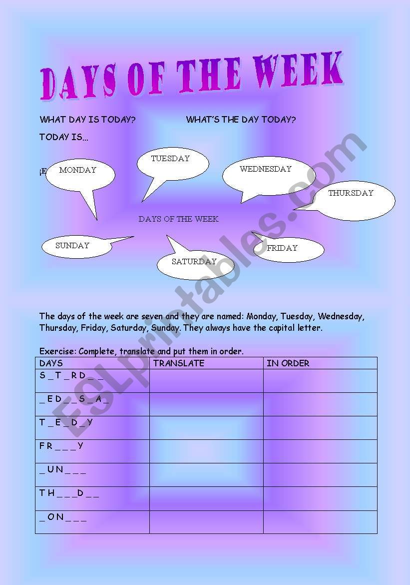 days of the week worksheet