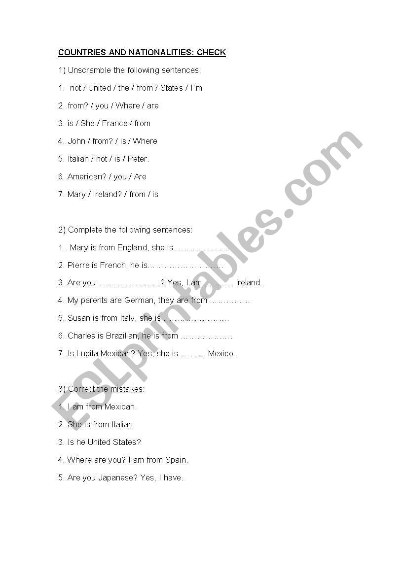 Countries and nationalities worksheet