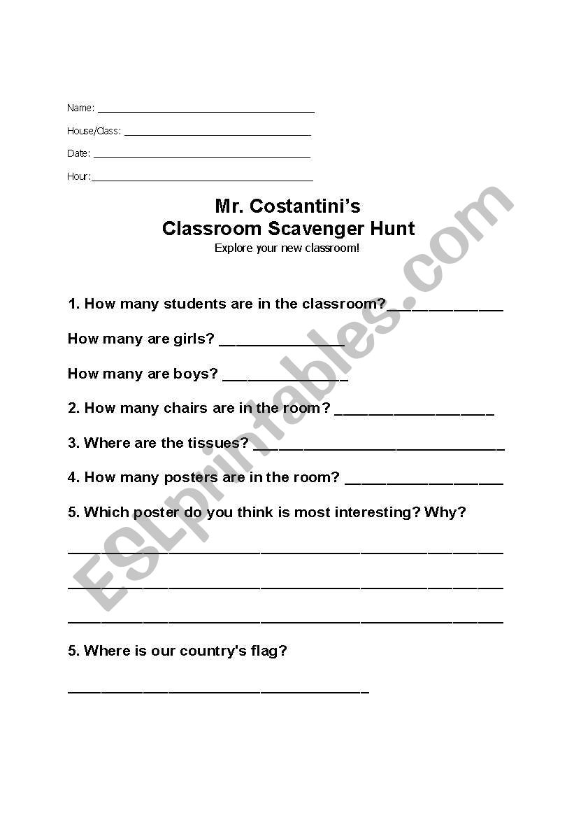 Scavenger Hunt Classroom worksheet