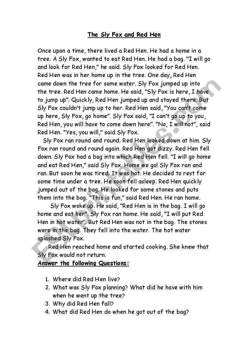 Reading worksheet