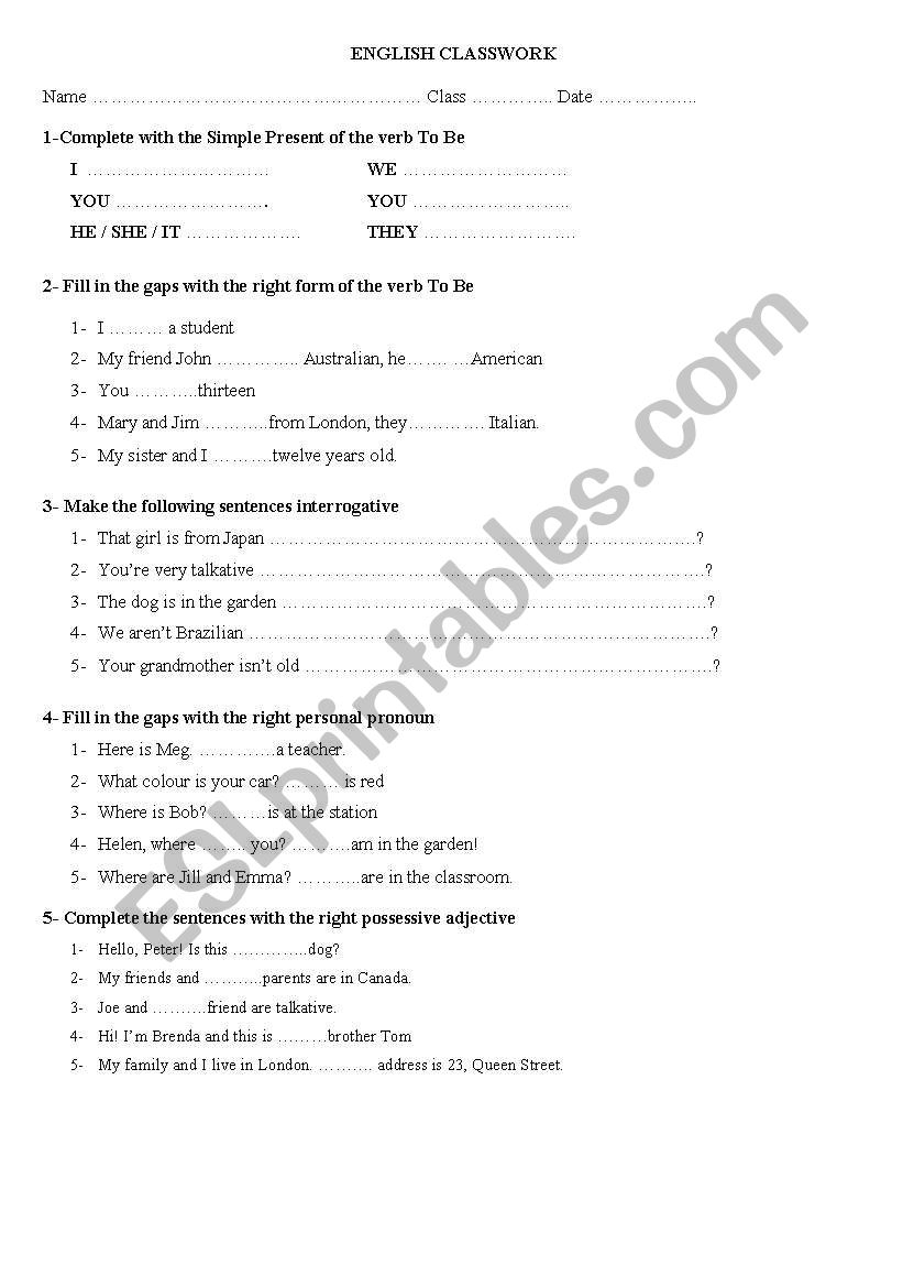 Verb to Be, possessive pronouns and personal pronouns (exercises)