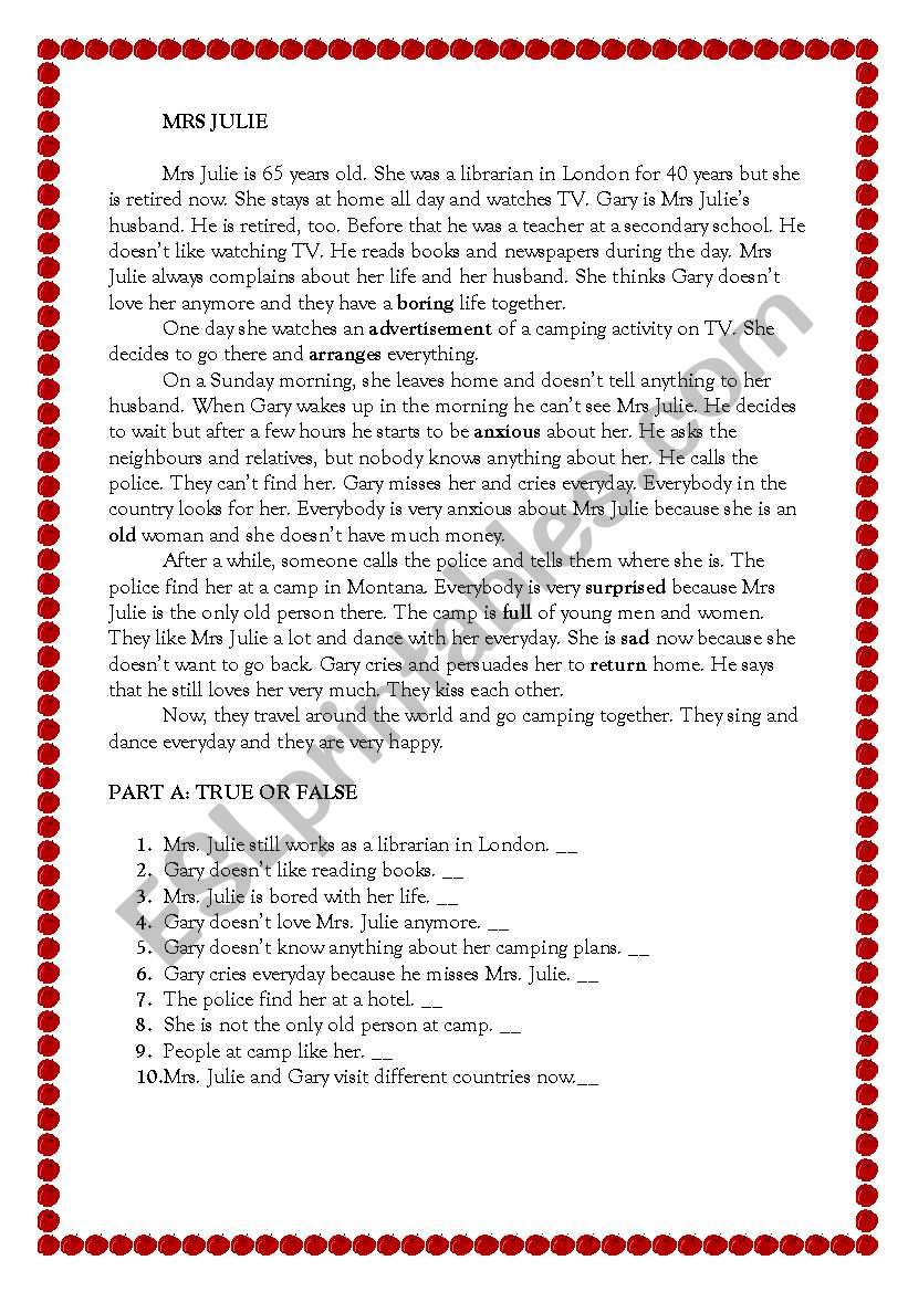 An elementary reading passage worksheet