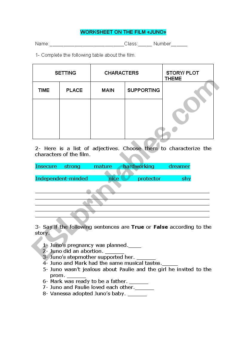 Worksheet on film Juno worksheet