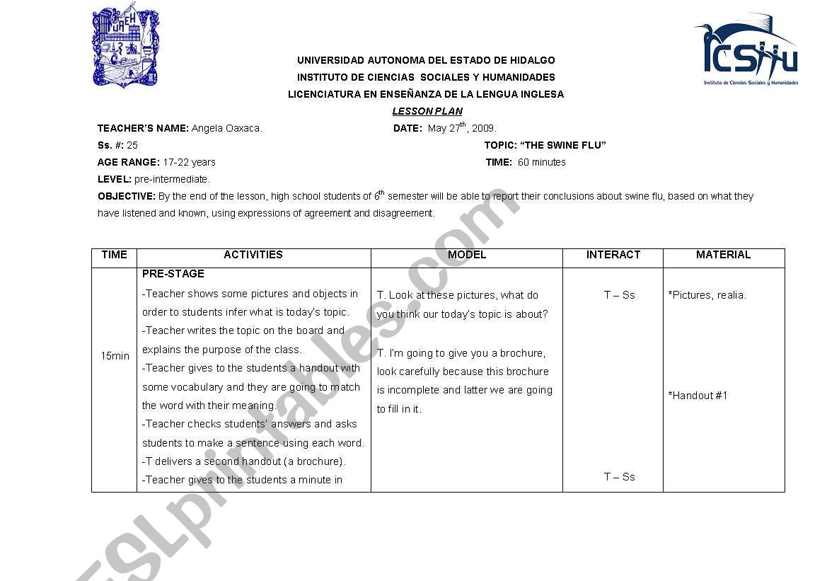 Swine flu lesson plan worksheet