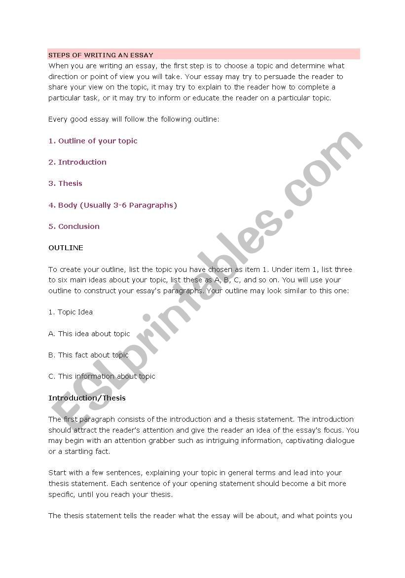 steps of writing an essay worksheet