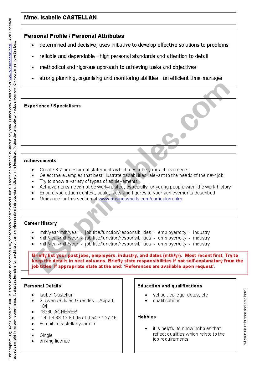 CV template worksheet