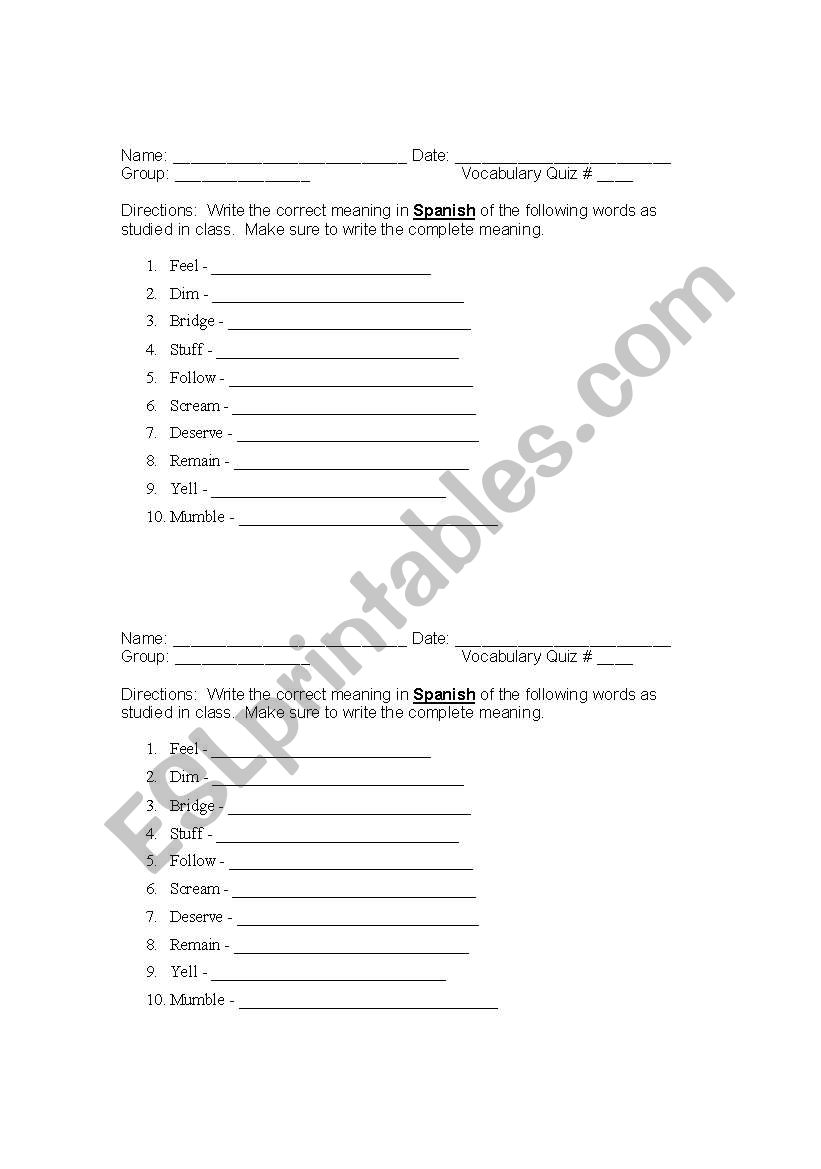 Vocabulary Quiz worksheet