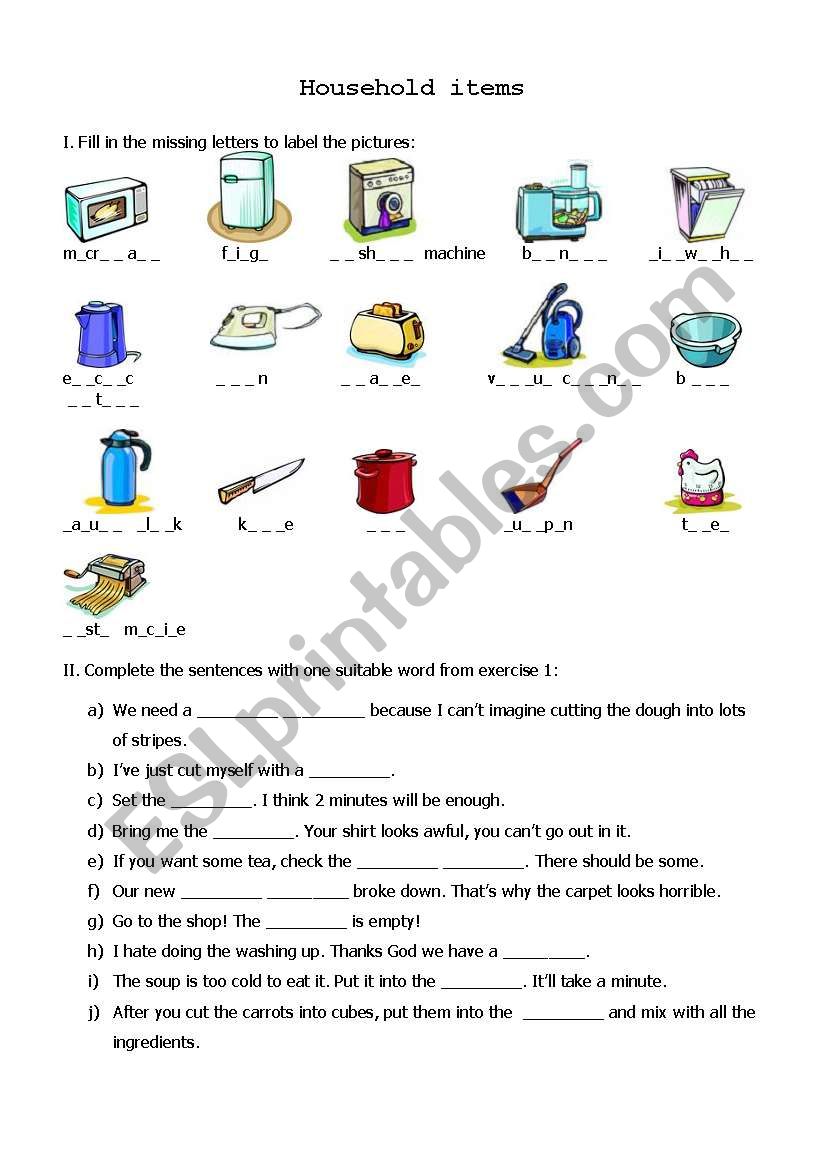 Household items worksheet