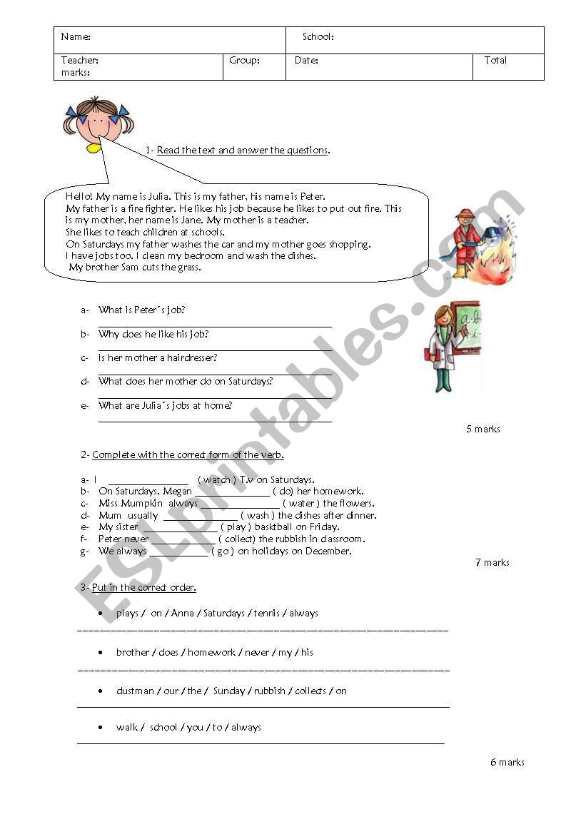 Test Present Simple, jobs and family