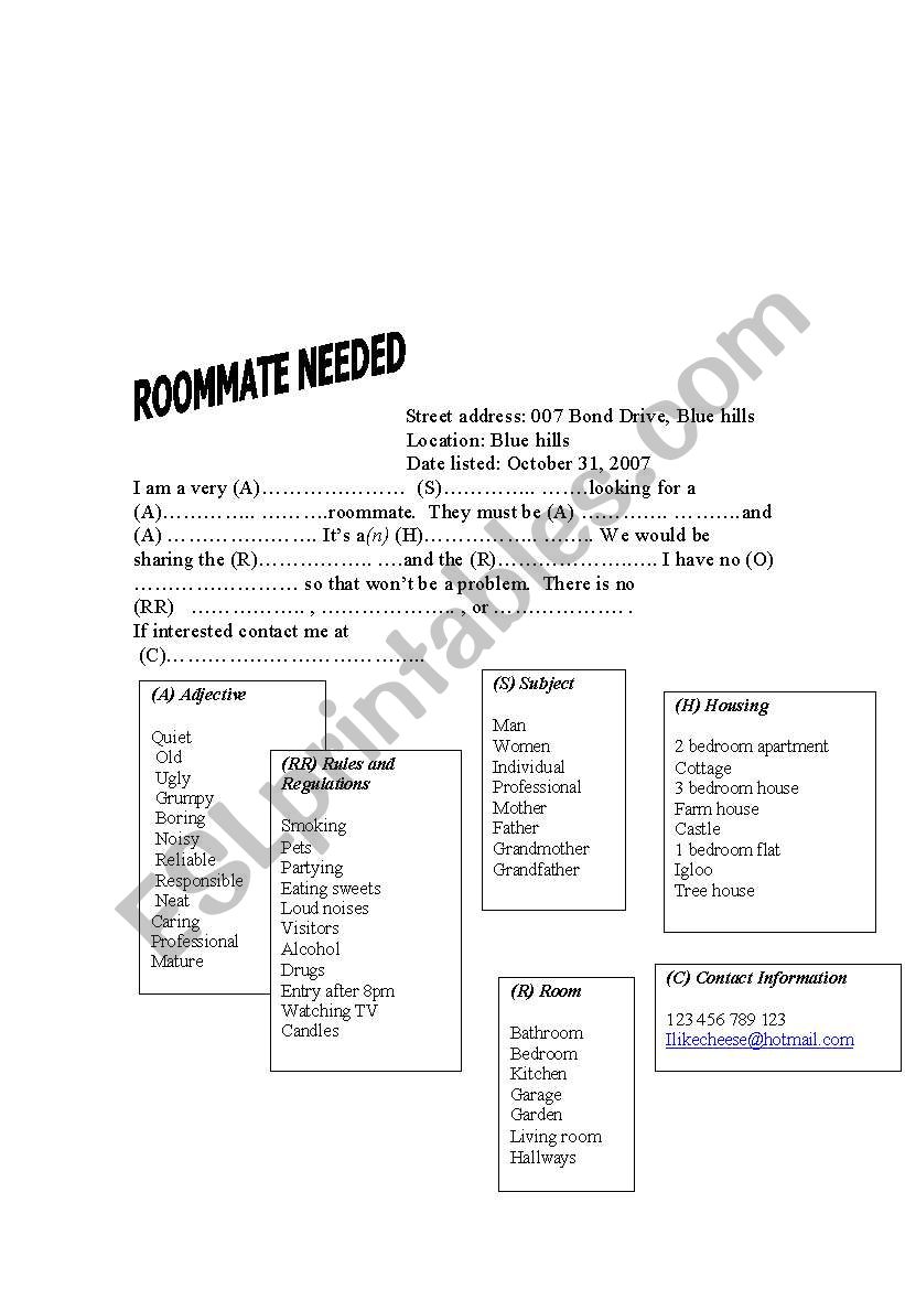 Roommate needed (Gap fire) worksheet