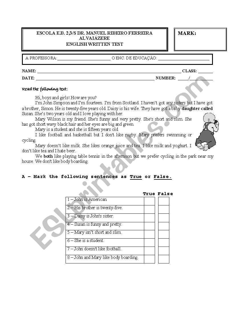 Diagnostic test worksheet