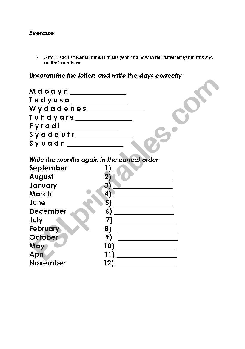 exercise for days and mounths worksheet