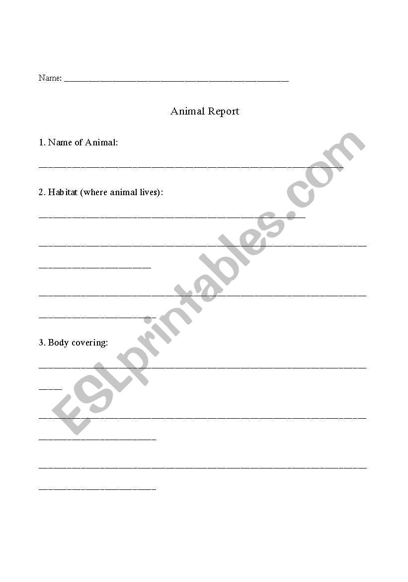 Animal Report worksheet