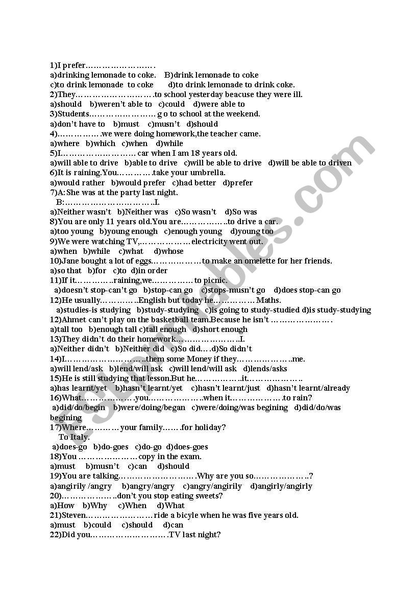 TEST ON TENSES worksheet