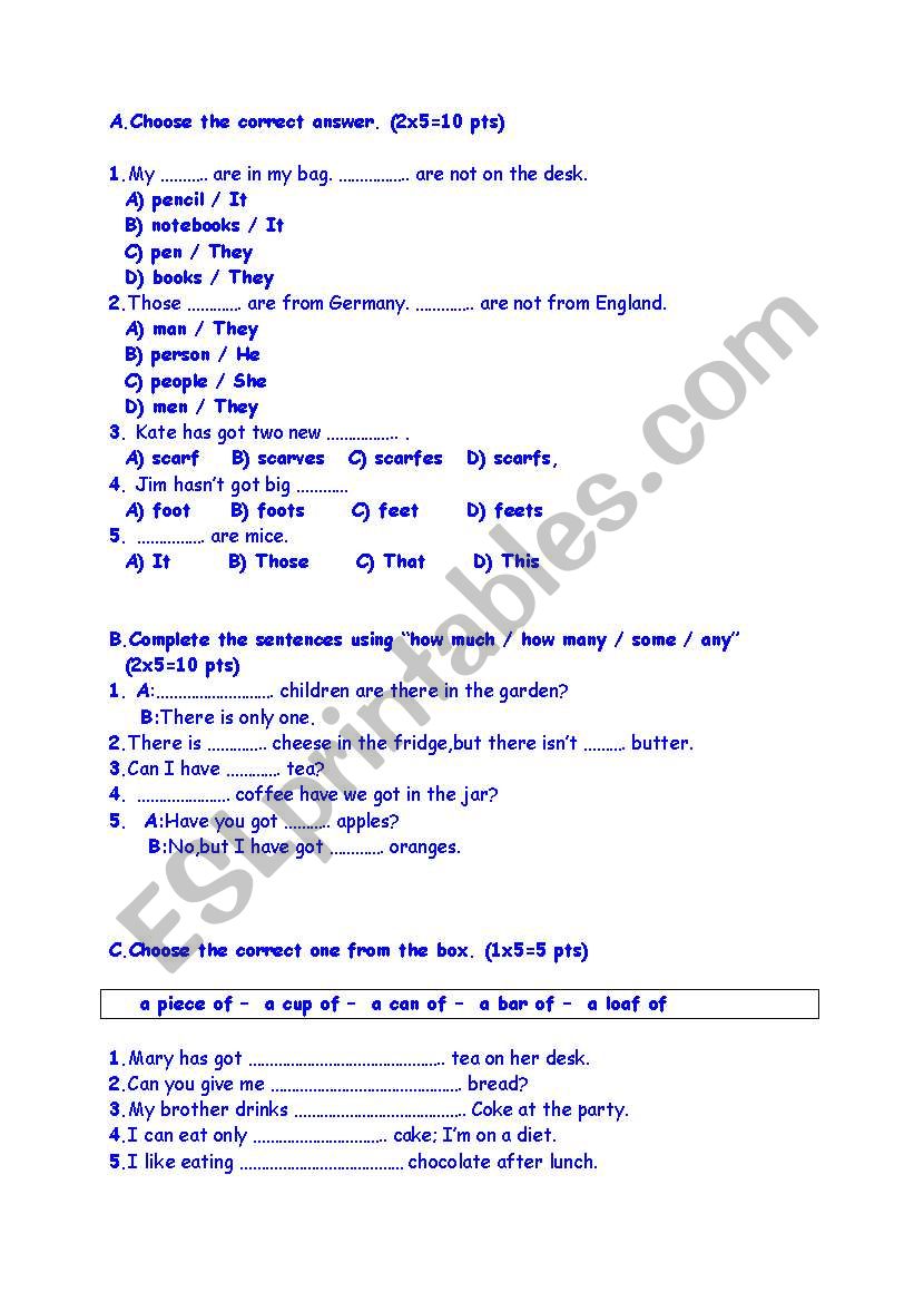 Quiz for 6th Grade worksheet