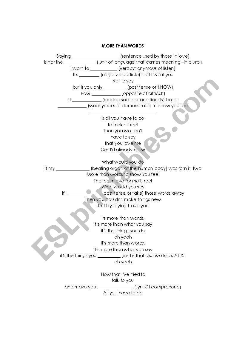 More than words lyrics and fill the blanks practice