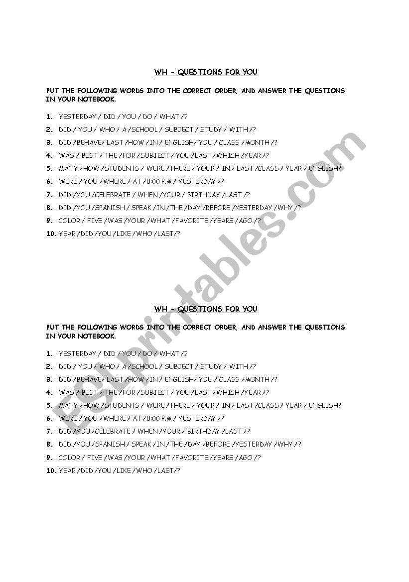 past simple  wh questions worksheet