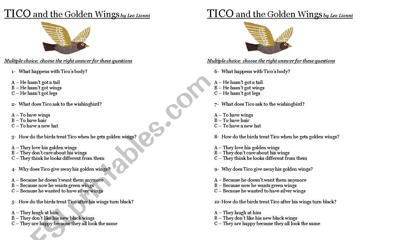 tico and the golden wings worksheet