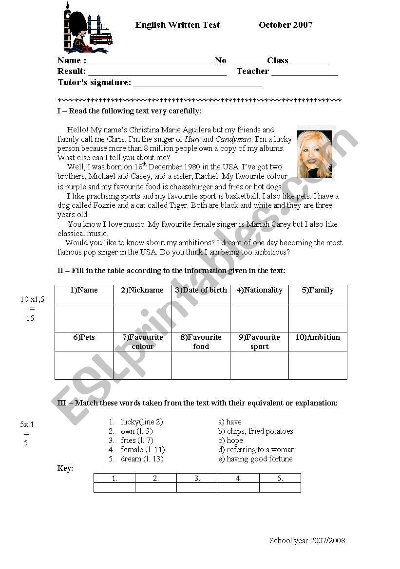 Test for 7th graders worksheet