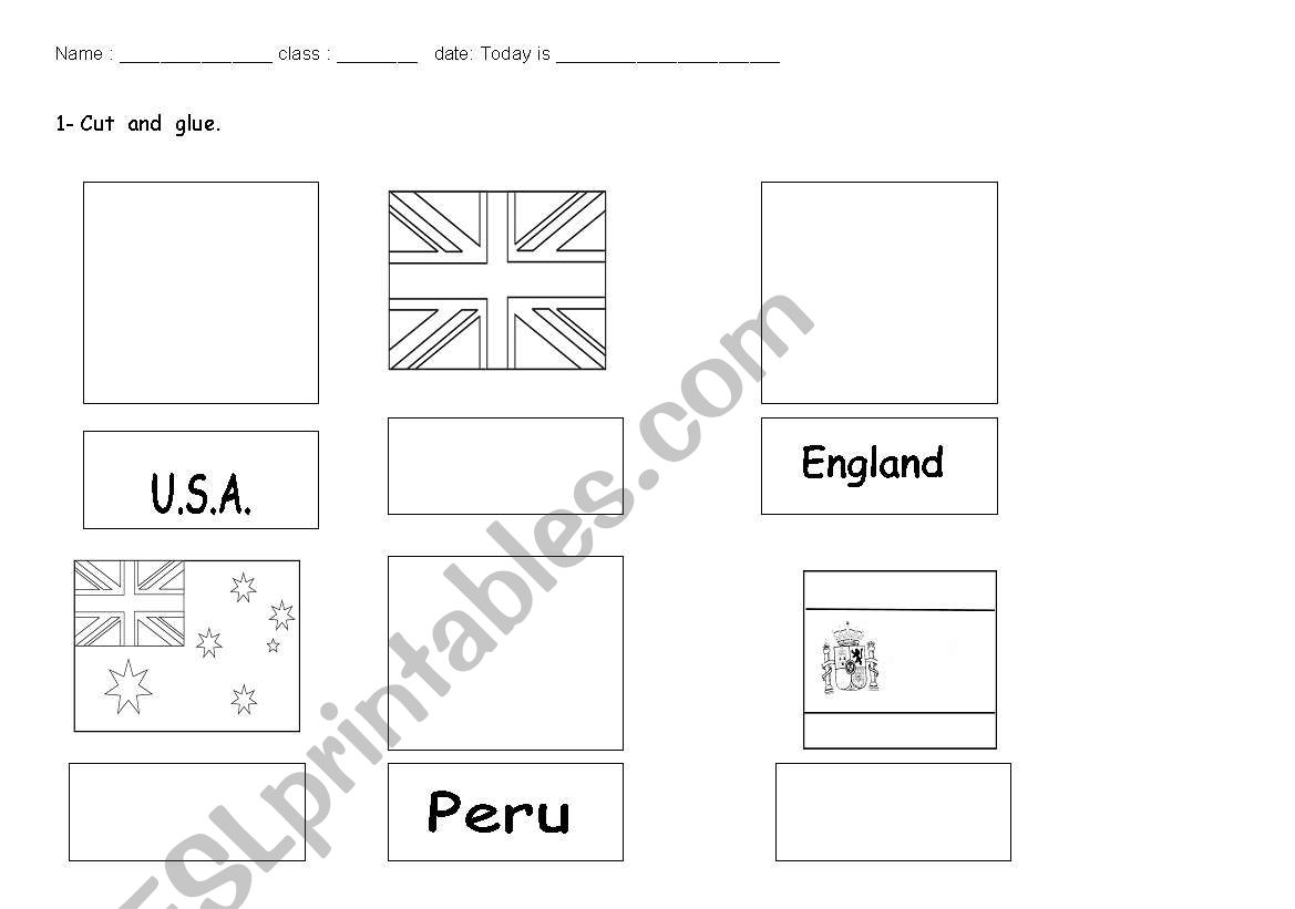 FLAGS 2 sheets, 1. cut and glue 2. flags for coloring in a vocabulary.